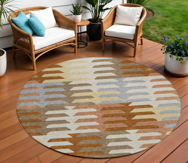HomeRoots 8' Stylish Copper and Beige Round Geometric Washable Area Rug for Indoor and Outdoor Spaces 659558