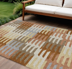 HomeRoots 10' Copper Wheat and Beige Geometric Indoor Outdoor Area Rug - Stylish, Washable, Durable Design! 659561