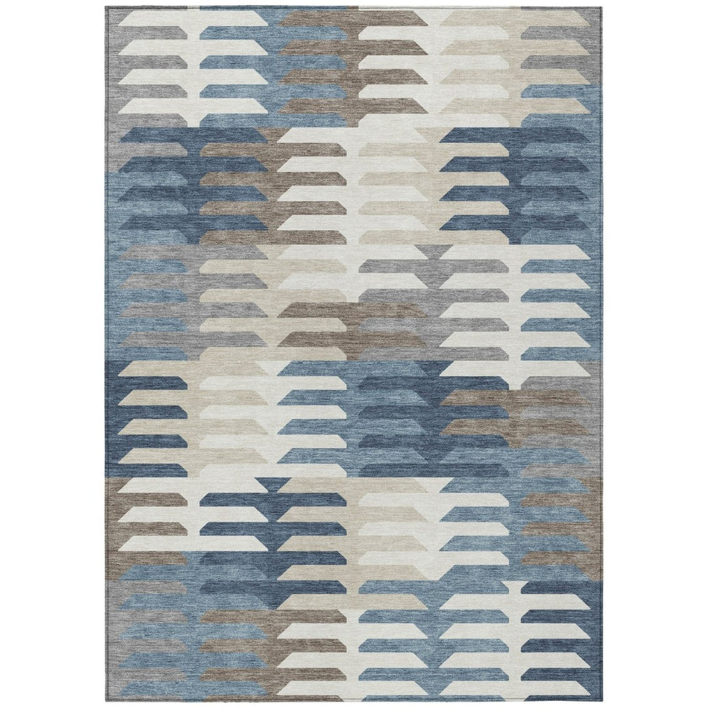 HomeRoots 5' Geometric Denim Blue, Beige & Ivory Area Rug – Washable, Durable for Indoor & Outdoor Use! 659563