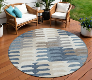 HomeRoots 8' Round Geometric Area Rug in Denim Blue, Beige & Ivory - Washable, Stylish for Indoor & Outdoor Spaces 659564