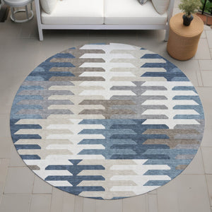 HomeRoots 8' Round Geometric Area Rug in Denim Blue, Beige & Ivory - Washable, Stylish for Indoor & Outdoor Spaces 659564