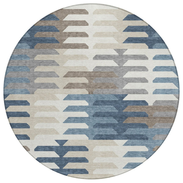 HomeRoots 8' Round Geometric Area Rug in Denim Blue, Beige & Ivory - Washable, Stylish for Indoor & Outdoor Spaces 659564