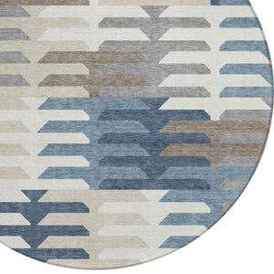 HomeRoots 8' Round Geometric Area Rug in Denim Blue, Beige & Ivory - Washable, Stylish for Indoor & Outdoor Spaces 659564