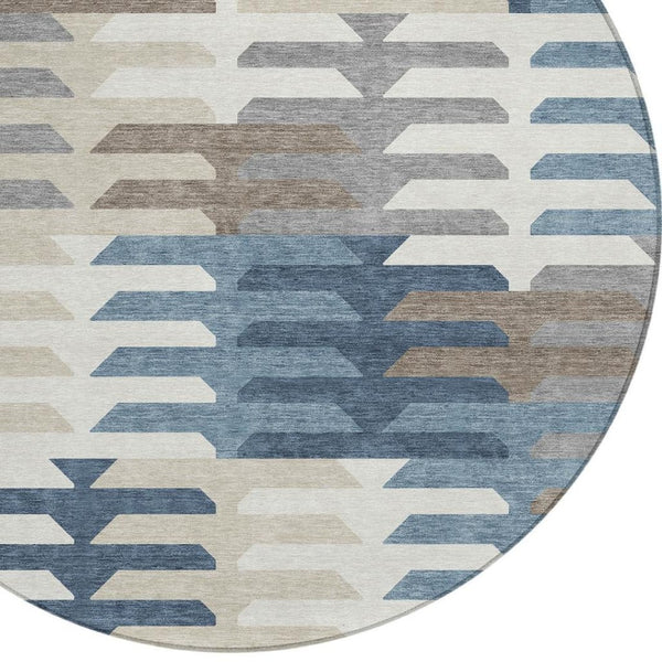 HomeRoots 8' Round Geometric Area Rug in Denim Blue, Beige & Ivory - Washable, Stylish for Indoor & Outdoor Spaces 659564
