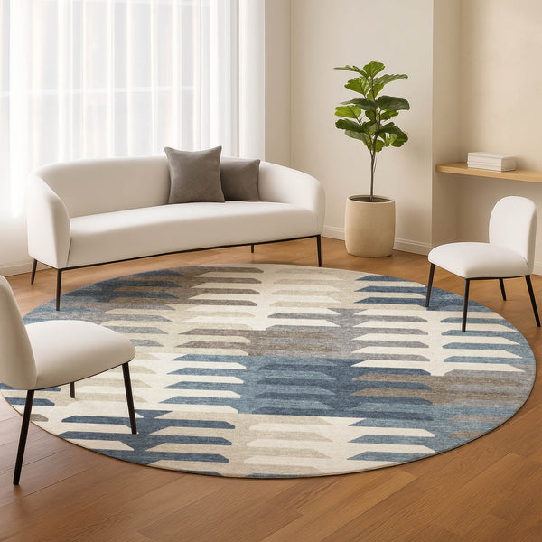 HomeRoots 8' Round Geometric Area Rug in Denim Blue, Beige & Ivory - Washable, Stylish for Indoor & Outdoor Spaces 659564