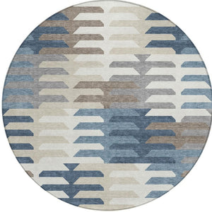 HomeRoots 8' Round Geometric Area Rug in Denim Blue, Beige & Ivory - Washable, Stylish for Indoor & Outdoor Spaces 659564