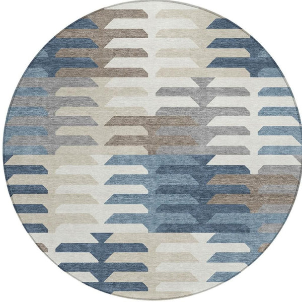 HomeRoots 8' Round Geometric Area Rug in Denim Blue, Beige & Ivory - Washable, Stylish for Indoor & Outdoor Spaces 659564