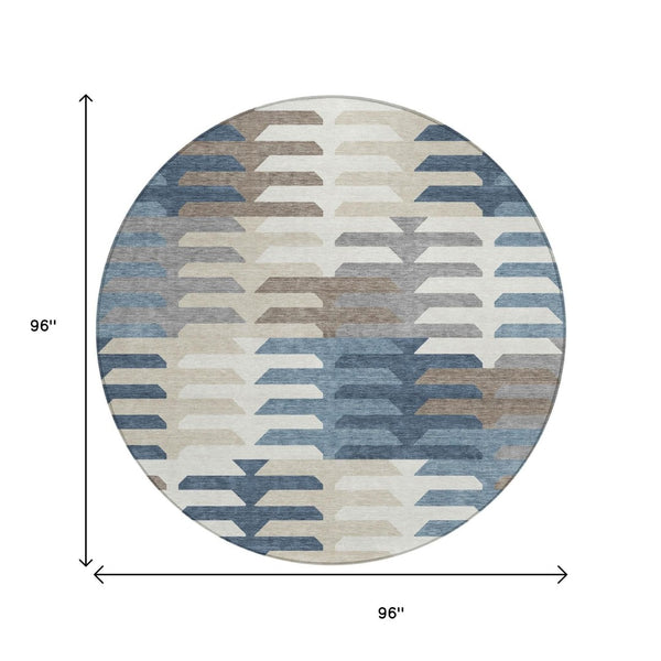 HomeRoots 8' Round Geometric Area Rug in Denim Blue, Beige & Ivory - Washable, Stylish for Indoor & Outdoor Spaces 659564