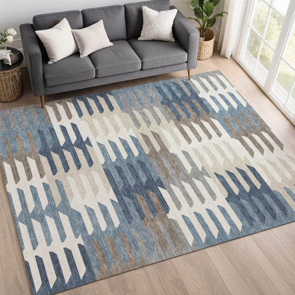 HomeRoots 8' X 10' Stylish Denim Blue Beige Ivory Geometric Area Rug - Washable & Durable for Indoor/Outdoor Use 659565