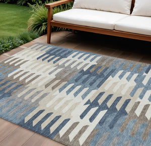 HomeRoots 10' X 14' Washable Geometric Area Rug in Denim Blue, Beige & Ivory for Indoor & Outdoor Durability 659567