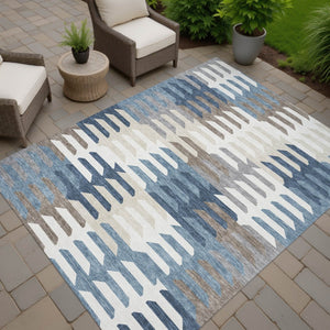HomeRoots 10' X 14' Washable Geometric Area Rug in Denim Blue, Beige & Ivory for Indoor & Outdoor Durability 659567