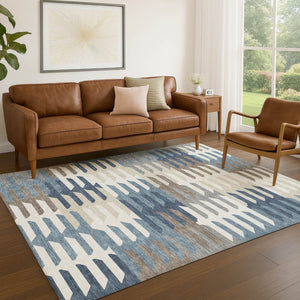 HomeRoots 10' X 14' Washable Geometric Area Rug in Denim Blue, Beige & Ivory for Indoor & Outdoor Durability 659567