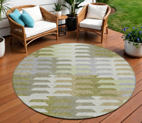 HomeRoots 8' Fern Green, Gray & Ivory Round Geometric Area Rug – Washable, Durable for Indoor/Outdoor Use! 659570
