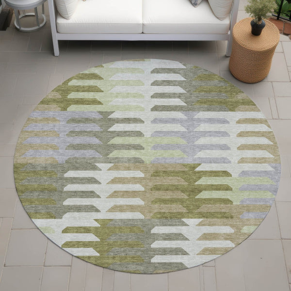 HomeRoots 8' Fern Green, Gray & Ivory Round Geometric Area Rug – Washable, Durable for Indoor/Outdoor Use! 659570