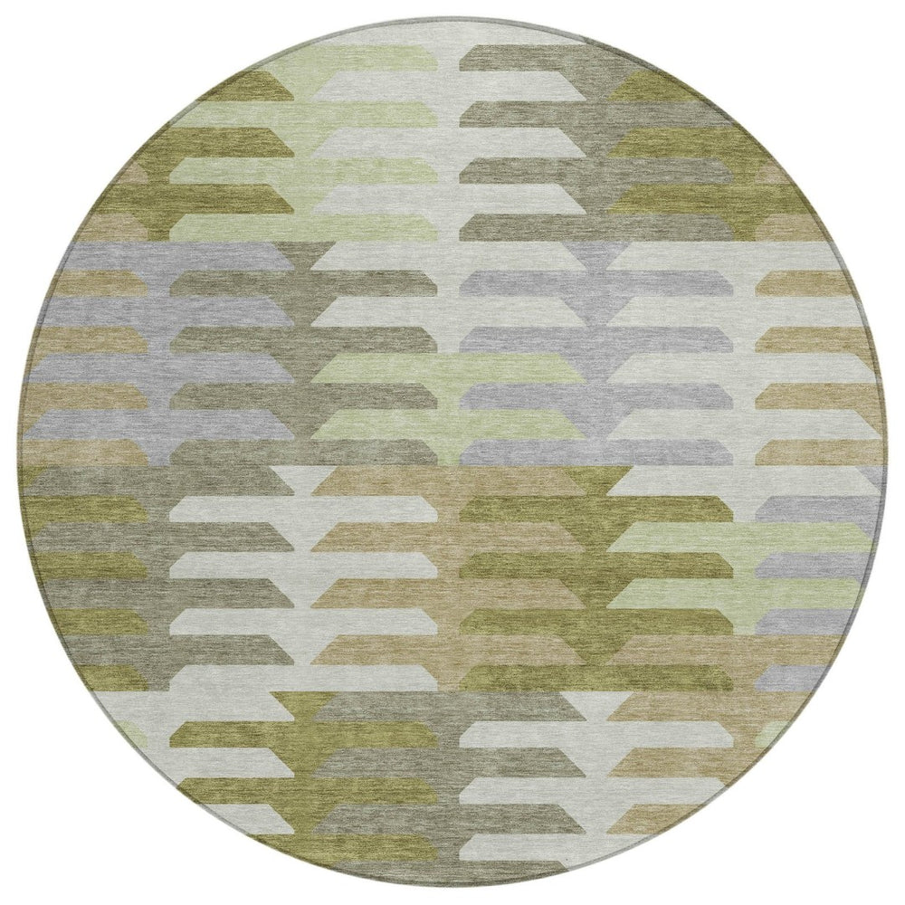 HomeRoots 8' Fern Green, Gray & Ivory Round Geometric Area Rug – Washable, Durable for Indoor/Outdoor Use! 659570