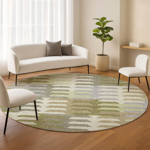HomeRoots 8' Fern Green, Gray & Ivory Round Geometric Area Rug – Washable, Durable for Indoor/Outdoor Use! 659570