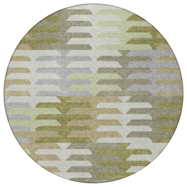 HomeRoots 8' Fern Green, Gray & Ivory Round Geometric Area Rug – Washable, Durable for Indoor/Outdoor Use! 659570