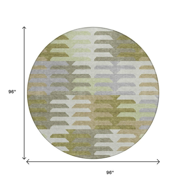 HomeRoots 8' Fern Green, Gray & Ivory Round Geometric Area Rug – Washable, Durable for Indoor/Outdoor Use! 659570