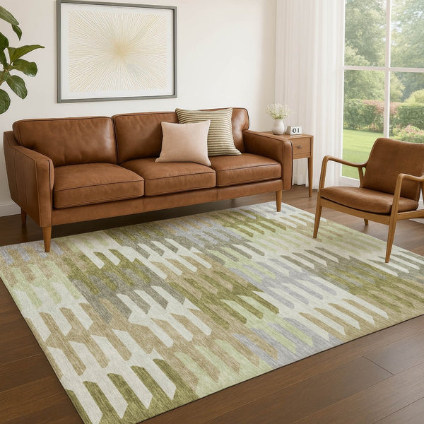 HomeRoots 8' X 10' Fern Green Gray Ivory Geometric Area Rug - Stylish, Washable, Indoor/Outdoor Durability! 659571