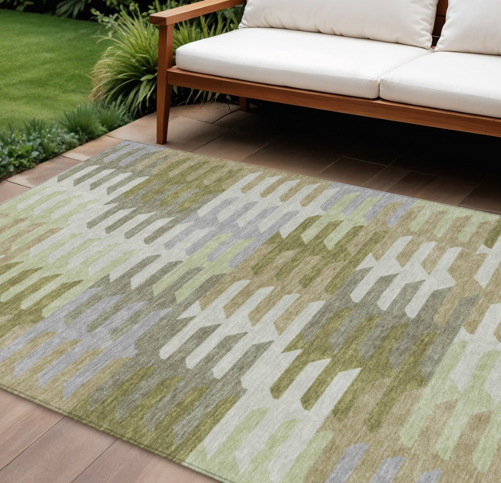 HomeRoots 10' Stylish Fern Green Gray Ivory Geometric Washable Indoor/Outdoor Area Rug for High-Traffic Spaces 659573