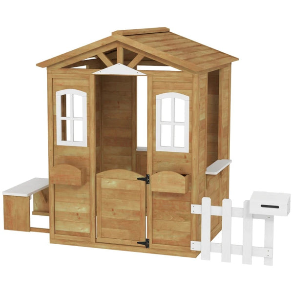 English Elm Wooden Fir Outdoor Kids Playhouse with Serving Station Mailbox and Backyard Fence T3971P439341