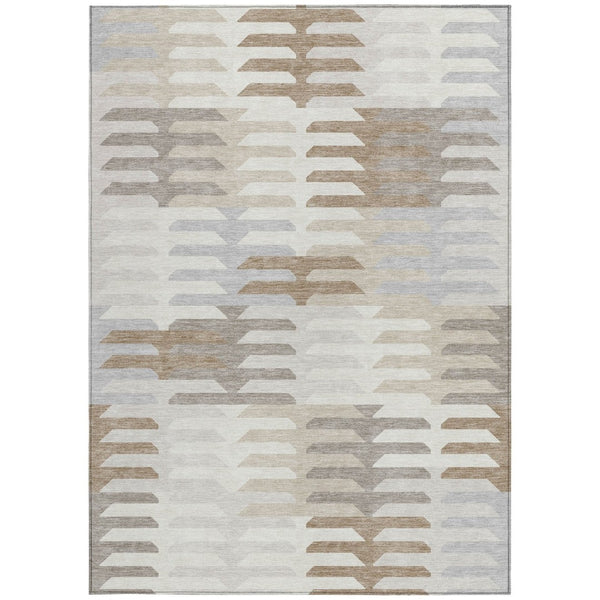 HomeRoots 5' Geometric Ivory, Gray, and Brown Washable Area Rug for Indoor & Outdoor Use, Stain-Resistant Design 659575