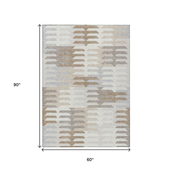 HomeRoots 5' Geometric Ivory, Gray, and Brown Washable Area Rug for Indoor & Outdoor Use, Stain-Resistant Design 659575