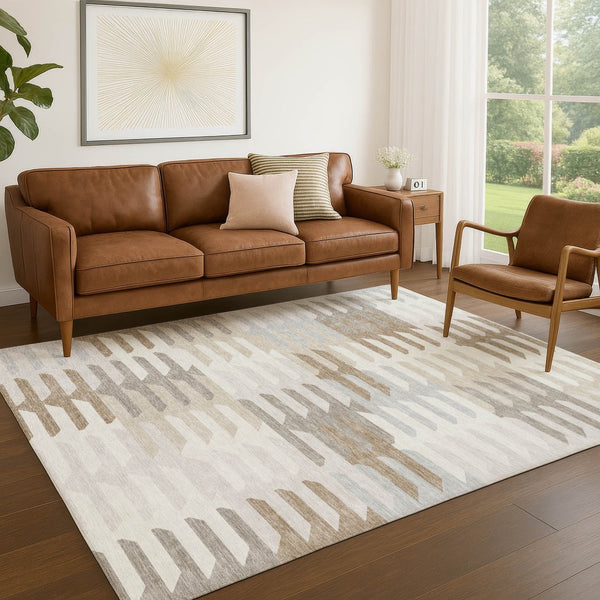 HomeRoots 5' Geometric Ivory, Gray, and Brown Washable Area Rug for Indoor & Outdoor Use, Stain-Resistant Design 659575