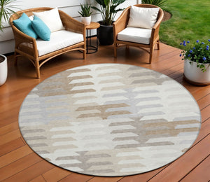 HomeRoots 8' Stylish Round Geometric Washable Area Rug - Ivory, Gray & Brown for Indoor/Outdoor Spaces 659576
