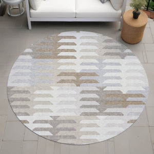 HomeRoots 8' Stylish Round Geometric Washable Area Rug - Ivory, Gray & Brown for Indoor/Outdoor Spaces 659576