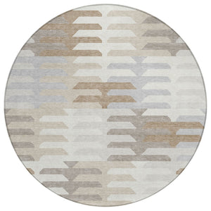 HomeRoots 8' Stylish Round Geometric Washable Area Rug - Ivory, Gray & Brown for Indoor/Outdoor Spaces 659576