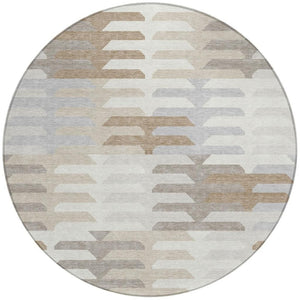 HomeRoots 8' Stylish Round Geometric Washable Area Rug - Ivory, Gray & Brown for Indoor/Outdoor Spaces 659576