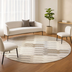 HomeRoots 8' Stylish Round Geometric Washable Area Rug - Ivory, Gray & Brown for Indoor/Outdoor Spaces 659576