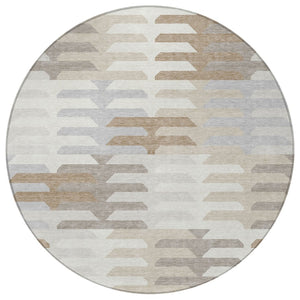 HomeRoots 8' Stylish Round Geometric Washable Area Rug - Ivory, Gray & Brown for Indoor/Outdoor Spaces 659576