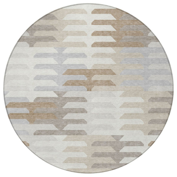 HomeRoots 8' Stylish Round Geometric Washable Area Rug - Ivory, Gray & Brown for Indoor/Outdoor Spaces 659576