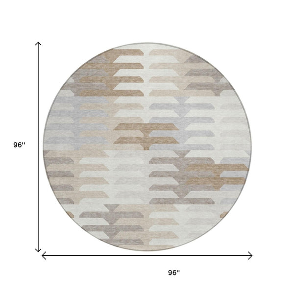 HomeRoots 8' Stylish Round Geometric Washable Area Rug - Ivory, Gray & Brown for Indoor/Outdoor Spaces 659576