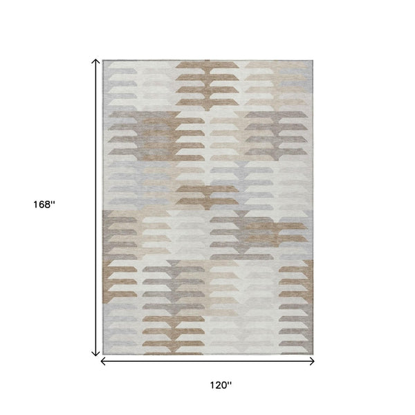HomeRoots 10' Geometric Ivory, Gray & Brown Washable Area Rug - Durable, Stylish for Indoor/Outdoor Spaces 659579