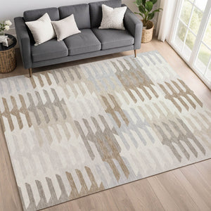 HomeRoots 10' Geometric Ivory, Gray & Brown Washable Area Rug - Durable, Stylish for Indoor/Outdoor Spaces 659579