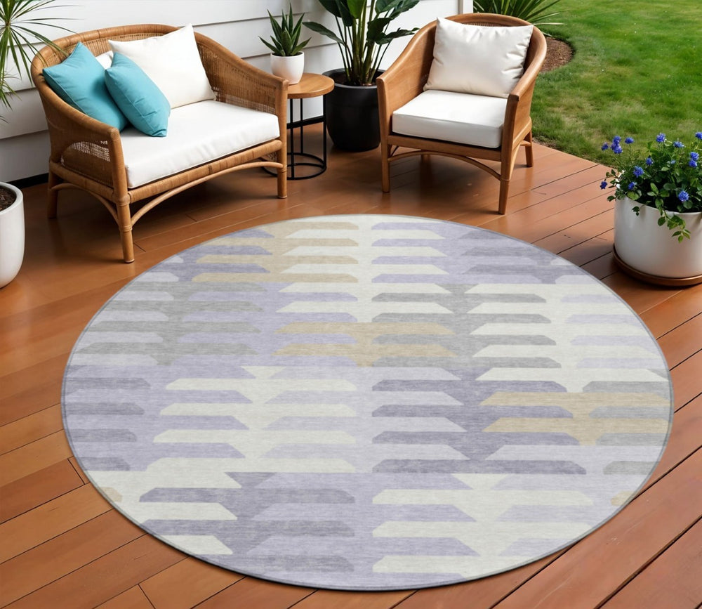 HomeRoots 8' Stylish Round Geometric Area Rug in Lavender, Silver & Gray - Durable, Washable for Indoor/Outdoor Use 659582