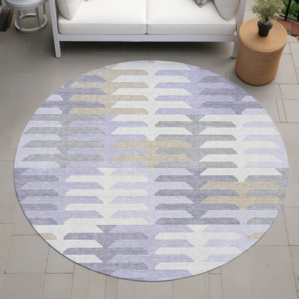 HomeRoots 8' Stylish Round Geometric Area Rug in Lavender, Silver & Gray - Durable, Washable for Indoor/Outdoor Use 659582