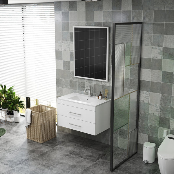 English Elm 32-Inch Wall-Mounted Bathroom Vanity - Modern Glossy White Design With Soft-Close Drawers & Sink W3151S00004
