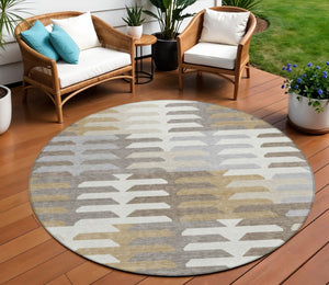 HomeRoots 8' Stylish Taupe Gray and Ivory Round Geometric Washable Area Rug for Indoor & Outdoor Use 659588