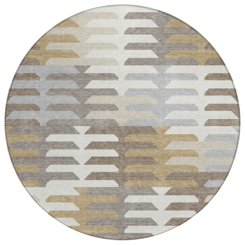 HomeRoots 8' Stylish Taupe Gray and Ivory Round Geometric Washable Area Rug for Indoor & Outdoor Use 659588