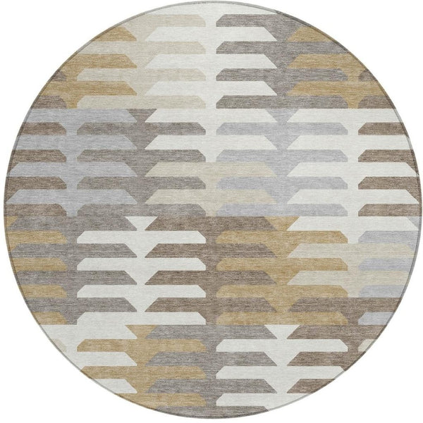 HomeRoots 8' Stylish Taupe Gray and Ivory Round Geometric Washable Area Rug for Indoor & Outdoor Use 659588