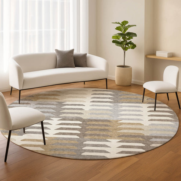 HomeRoots 8' Stylish Taupe Gray and Ivory Round Geometric Washable Area Rug for Indoor & Outdoor Use 659588
