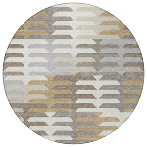 HomeRoots 8' Stylish Taupe Gray and Ivory Round Geometric Washable Area Rug for Indoor & Outdoor Use 659588