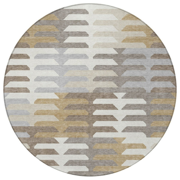 HomeRoots 8' Stylish Taupe Gray and Ivory Round Geometric Washable Area Rug for Indoor & Outdoor Use 659588
