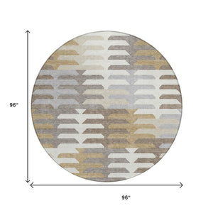 HomeRoots 8' Stylish Taupe Gray and Ivory Round Geometric Washable Area Rug for Indoor & Outdoor Use 659588