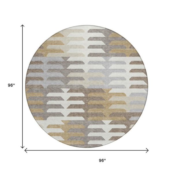 HomeRoots 8' Stylish Taupe Gray and Ivory Round Geometric Washable Area Rug for Indoor & Outdoor Use 659588