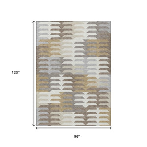 HomeRoots 8' X 10' Taupe Gray & Ivory Geometric Area Rug - Washable, Stain-Resistant, Ideal for Indoor/Outdoor Use 659589